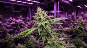 Flowering plants thriving under strict climate management via a portable AC for grow tent.