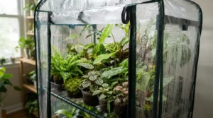 Dehumidification and cooling with a portable AC for grow tent managing lush green foliage.
