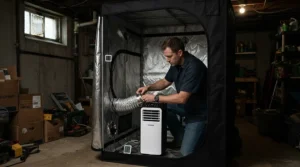 A grower installing a portable AC for grow tent climate control in a basement setup.