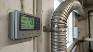 Digital thermometer showing ideal temperature control using a portable AC for grow tent.