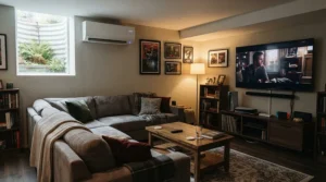 Cool and dry below grade den equipped with a portable air conditioner for basement climate regulation.