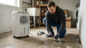 Connecting a continuous drain hose to a portable air conditioner for basement moisture management.