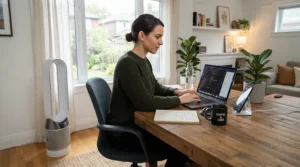 Working from home next to a portable air conditioner for basement workspace setup.