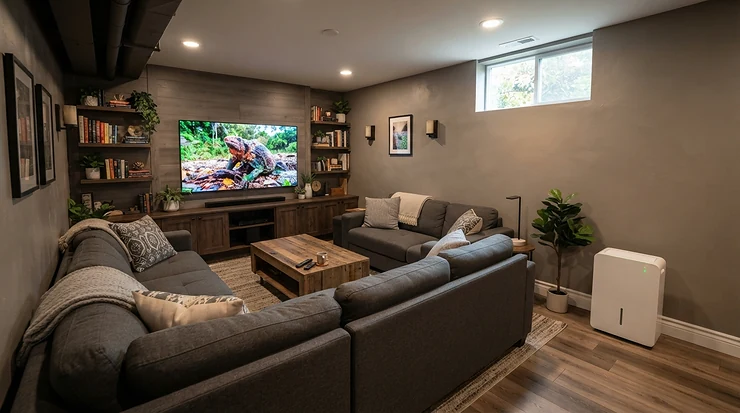 A sleek portable air conditioner for basement family room keeping the space comfortable.