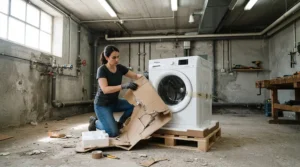 A homeowner unboxing a portable air conditioner for basement use on concrete flooring.