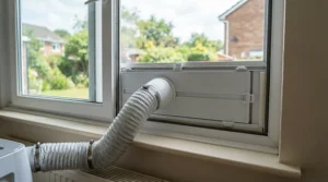 Window slider adapter kit connected to a portable air conditioner for basement exhaust.