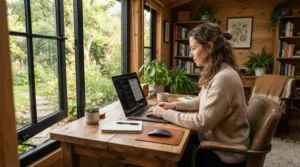 Working comfortably in a home office using a portable air conditioner for shed environments.