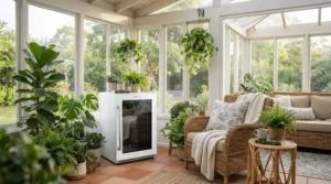 A portable air conditioner for sunroom with a slim, space-saving design in a cozy sitting area.