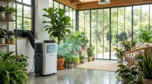 A portable air conditioner for sunroom cooling on a tiled floor inside a bright glass sunroom.