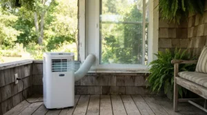 A portable air conditioner for sunroom use on an enclosed porch with large sliding glass doors.