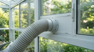 A portable air conditioner for sunroom featuring a secure sliding window exhaust kit installation.