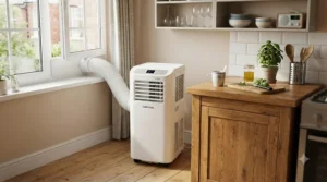 A portable air conditioner for tiny house kitchen to manage cooking heat efficiently.