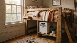 A portable air conditioner for tiny house loft bedroom setup keeping the sleeping space cool.