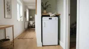 A sleek portable air conditioner for tiny house interior showing a minimal floor footprint.