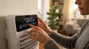 Adjusting settings on a portable air conditioner for tiny house climate control system.