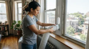 Installing a portable air conditioner for tiny house window exhaust kit during summer.