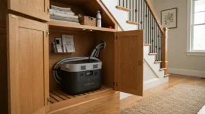Storing a portable air conditioner for tiny house during the cooler off-season months.