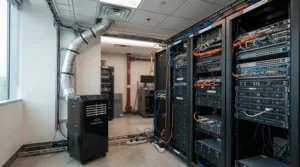A portable server room air conditioner providing backup cooling near equipment racks.