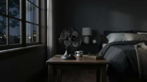 A quiet air circulator placed on a wooden nightstand in a modern bedroom at night
