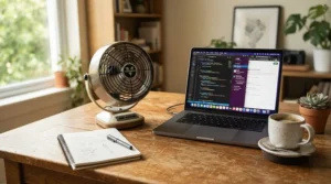 A quiet air circulator sitting on a clean home office desk next to a laptop