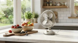A compact quiet air circulator positioned on a kitchen countertop during cooking