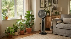 A sleek quiet air circulator operating in the corner of a cozy living room