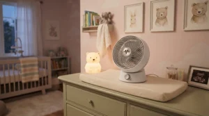 A quiet air circulator gently cooling a modern baby nursery near a white crib