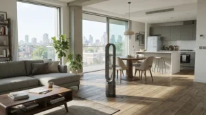 A quiet air circulator oscillating to improve airflow in a spacious apartment