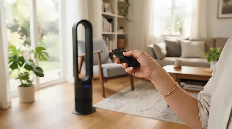A person using a remote control to adjust settings on a quiet air circulator
