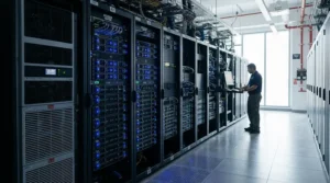 A quiet server room air conditioner maintaining climate in a small office building.