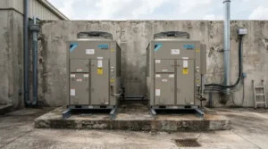Dual redundant server room air conditioner units operating in a data center.