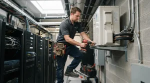 A technician installing a server room air conditioner in a commercial IT facility.