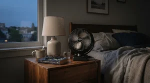 A quiet bedroom air circulator running silently with a window air conditioner to keep sleepers cool.