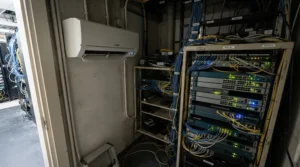 A compact server closet air conditioner keeping networking gear at safe temperatures.