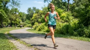 Athlete running in warm weather while wearing a performance cooling skull cap