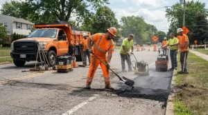 An American road crew member staying cool outdoors using a hard hat cooling insert