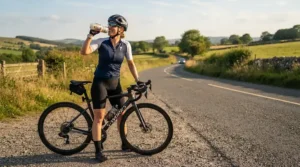 Cyclist wearing an under helmet cooling cap for sweat management on a long ride