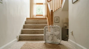 A multi-directional air circulator helping push AC up the stairs into a second-story master bedroom.