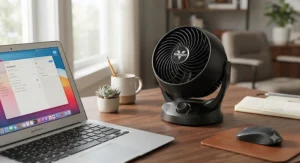 A compact Vornado desk air circulator placed on a home office workspace next to a laptop.