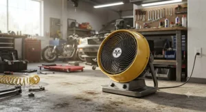 A heavy-duty Vornado shop air circulator designed for garage and workshop ventilation.