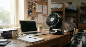 A small personal Vornado air circulator sitting on a college dorm room desk.