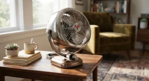 A vintage-style metal Vornado air circulator showcasing a retro aesthetic on a wooden side table.