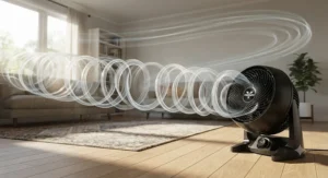 An illustration showing the signature vortex action of a Vornado air circulator moving air across a room.