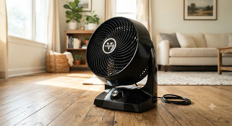 A classic Vornado whole-room air circulator sitting on a hardwood living room floor.