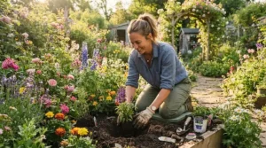 Woman wearing a cooling baseball cap while tending to garden flowers.