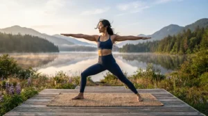 A woman practicing yoga outdoors with a moisture-wicking cooling headband