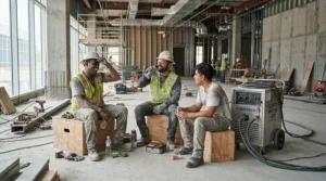 Construction workers using a heavy-duty best spot cooler for temporary relief on a job site