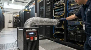 Rack-mounted cooling configuration showing a best spot cooler preventing equipment overheating