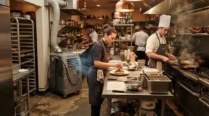 Commercial kitchen staff staying cool near a high-capacity best spot cooler during service