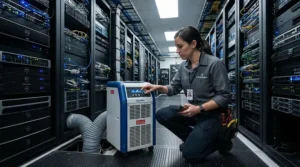 Technician reviewing a best spot cooler deployed in a crowded data center server room